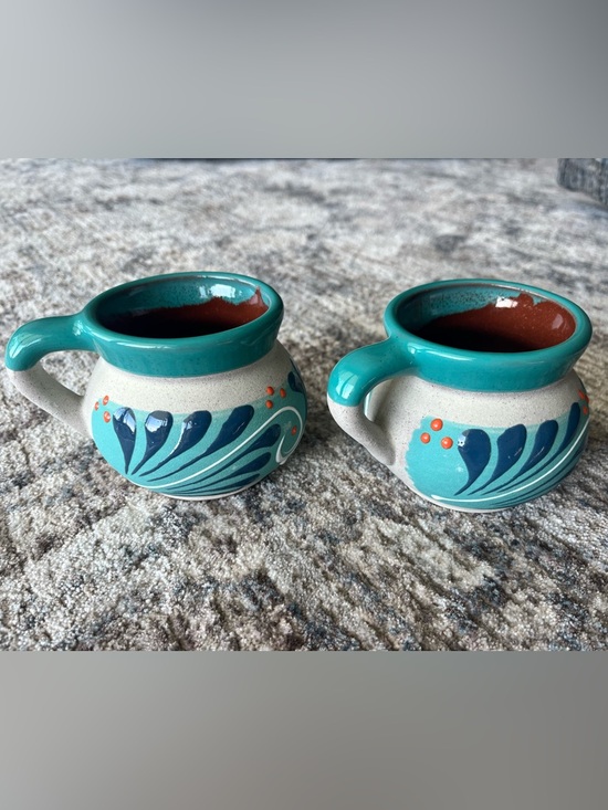 Other - 2 Mexican Clay Hand-Painted Coffee Mugs Set in Teal and Turquoise
